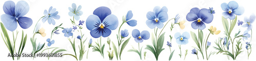 a series of blue spring flowers, in a clip art style with a transparent background