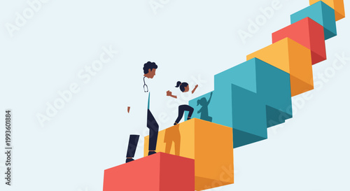 Doctor helping child climb colorful stairs, symbolizing growth, education, and a healthy future in medicine