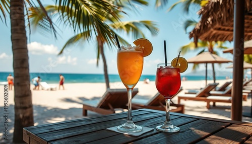 Two colorful tropical cocktails on wooden table overlooking sunny white sand beach with palm trees lounge chairs and turquoise ocean water in background