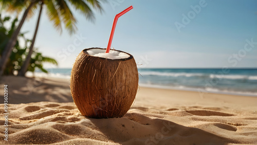 Fresh Coconut Water Drink with Straw on Sunny Tropical Beach Sand