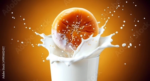 splash art, a warm anpan (red bean bun) being dipped into a glass of cold milk, featuring explosion of milk droplets and tiny sesame seeds suspended in air