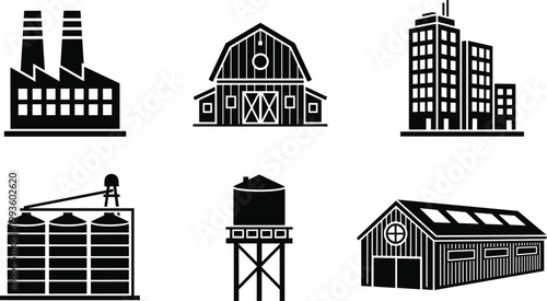 A monochrome collection displaying various rural and urban structures including factories barns and silos high quality professional detailed modern elegant stylish