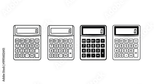 Four black and white calculators lined up in a row