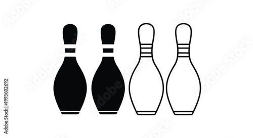Four black and white bowling pins in a row