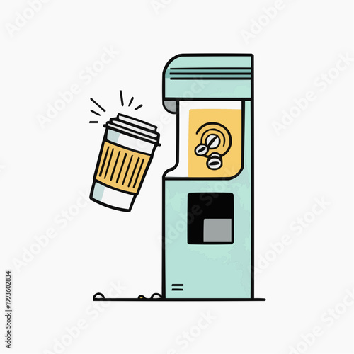 Flat vector illustration of a coffee machine dispensing a reusable cup, perfect for eco-friendly promotions, cafe menus, or sustainability campaigns.