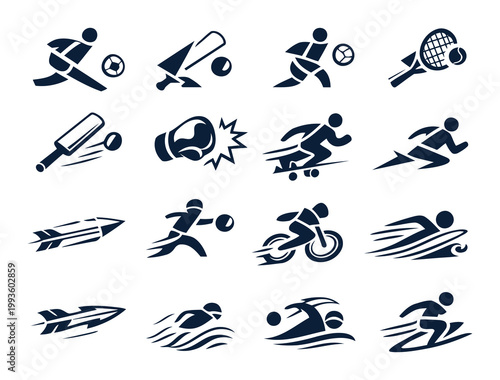 Collection of sports icons in dark blue