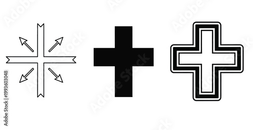 Black cross symbol, arrow directions, and outlined cross composition