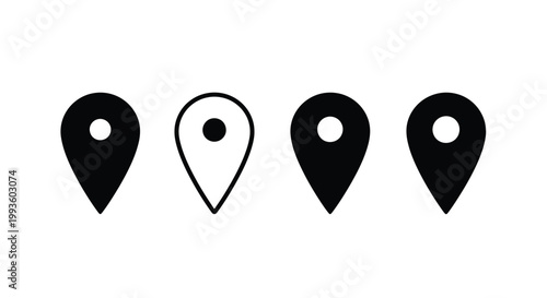 Four black and white location pin in a row pins
