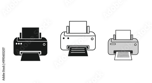 Three black and white line of printers with paper