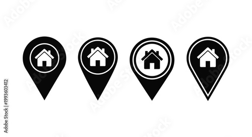 Four black map pin with white house symbols in the center