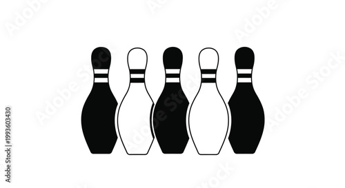 Five black and white bowling pins standing in a row