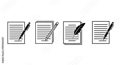 Four black and white papers with black pens in various positions