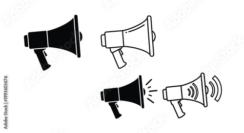 Four black and white megaphone two emitting sound waves