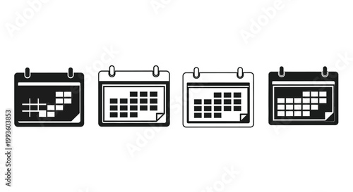 Four black and white wall calendars with different daily schedules