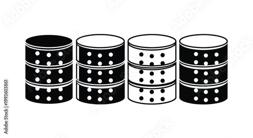 Four black and white cylindrical stacks with dotted patterns