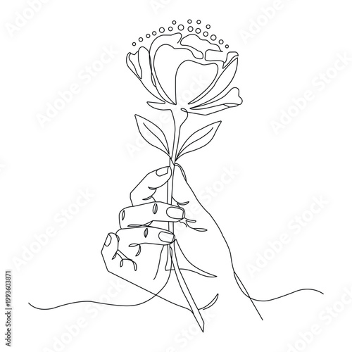 A minimalist line drawing of a hand holding a rose with a decorative crown