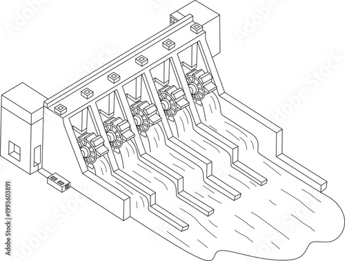 Technology dam line drawing of a hydroelectric dam with turbines for modern energy solutions, suitable for renewable energy concepts.