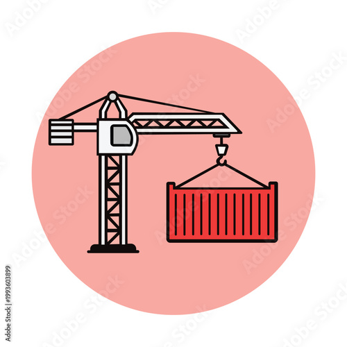 A crane lifting a red shipping container in a circular graphic illustration