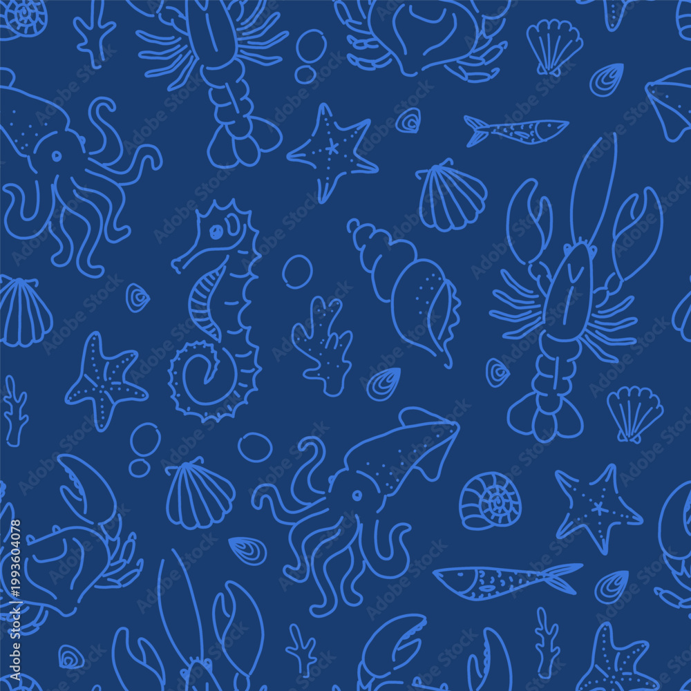 Fototapeta premium Hand-Drawn Nautical Marine Life Pattern Featuring Seahorses and Starfish on Blue Background