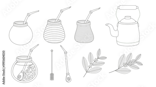 Yerba Mate Tea Accessories and Leaves Line Art Illustration
