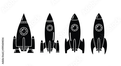 Four black and white retro style rocket rockets