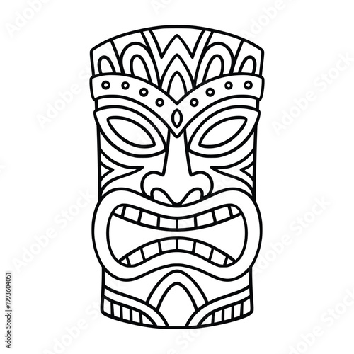 Tiki Mask Line Art Illustration, Hawaiian Totem Face Outline