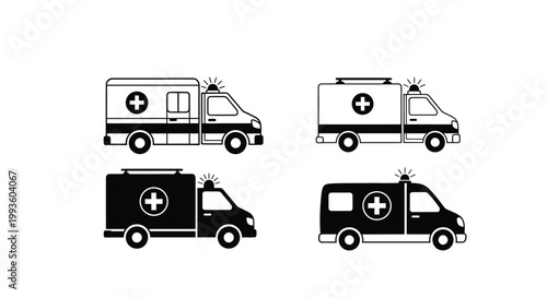 Four black and white ambulance with medical cross symbols