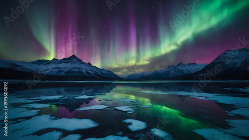Title: Vibrant Northern Lights Reflecting in Icy Mountain Lake