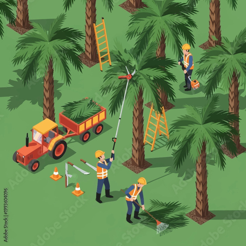 Workers pruning palm trees with tractor.
