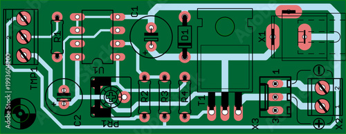 Vector printed circuit board of electronic 
device with components of radio elements, 
conductors and contact pads placed on pcb. 
Engineering technical drawing. Electric background.
