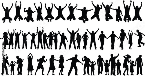 Flavector silhouette collection of people and families jumping cheering dancing and holding hands in various expressive poses for community concepts.