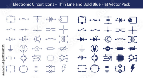 Electronic circuit icons in blue flat vector style