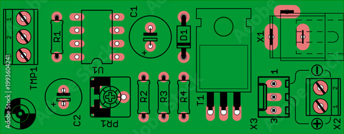 Placement of components of radio elements (contact
pads and seats) on printed circuit
board of electronic device.
Vector engineering 
drawing of pcb. Electric background.
Computer educational project.