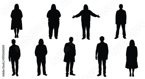 Silhouettes of nine people in different poses and clothing styles