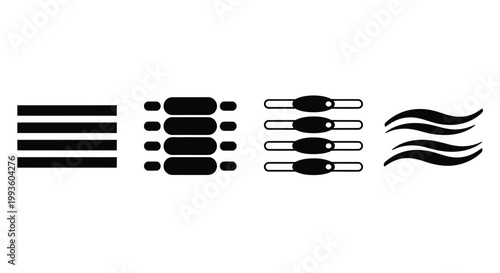 Black and white abstract symbols: bars, dots, switches, waves