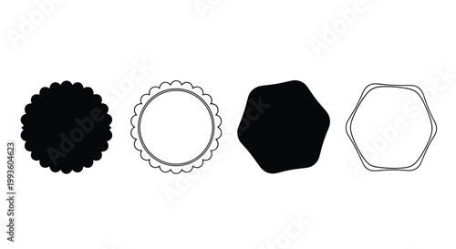 Black and white circular and hexagonal shapes with scalloped edges