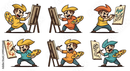 Cartoon artist painting at easel illustration set