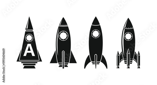 Four black and white retro rocket with circular windows