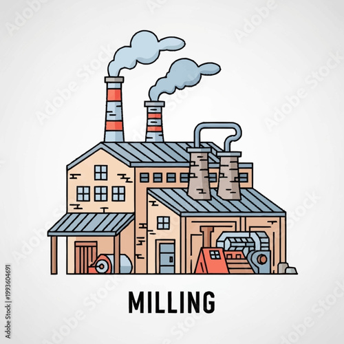 Industrial factory with smokestacks and machinery.