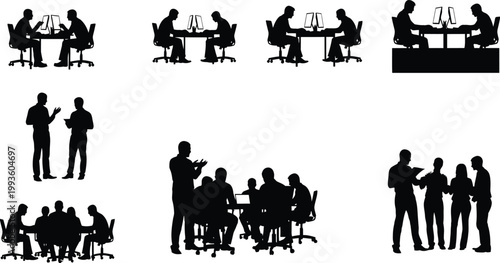 Silhouettes of people working in offices and collaborating in meetings