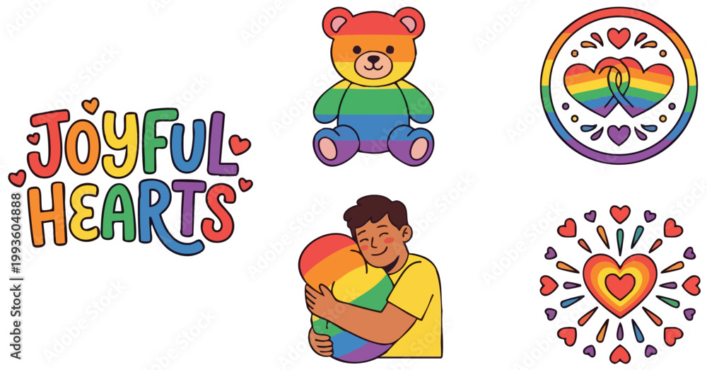 Fototapeta premium Colorful joyful hearts lettering with rainbow bear and hugging boy vector art