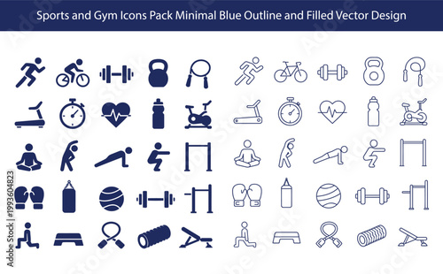 Sports and gym icons pack with minimal blue outline