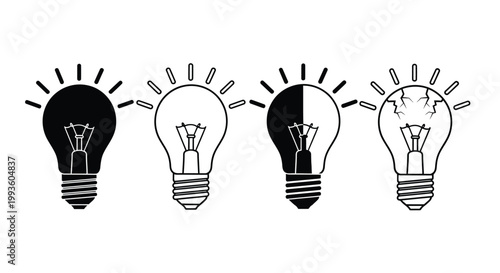 Four light bulbs with different states of brightness and breakage