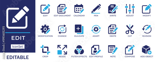 Editable UI Action Icon Set. Edit, Modify, Adjust, and Document Revision Tools
