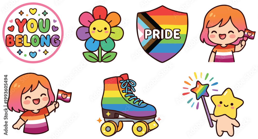Fototapeta premium Cute rainbow flower and pride shield with happy character holding flag and roller skate vector art