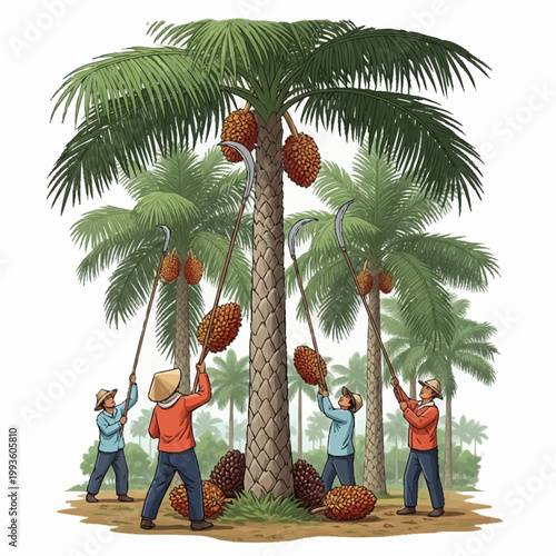 Workers harvesting coconuts from tall palm trees.