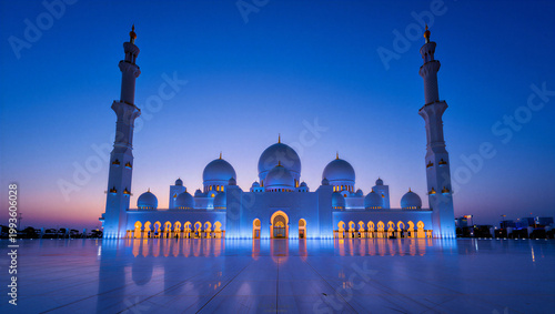 Sheikh Zayed Grand Mosque at dusk with illuminated domes and minarets in Abu Dhabi UAE