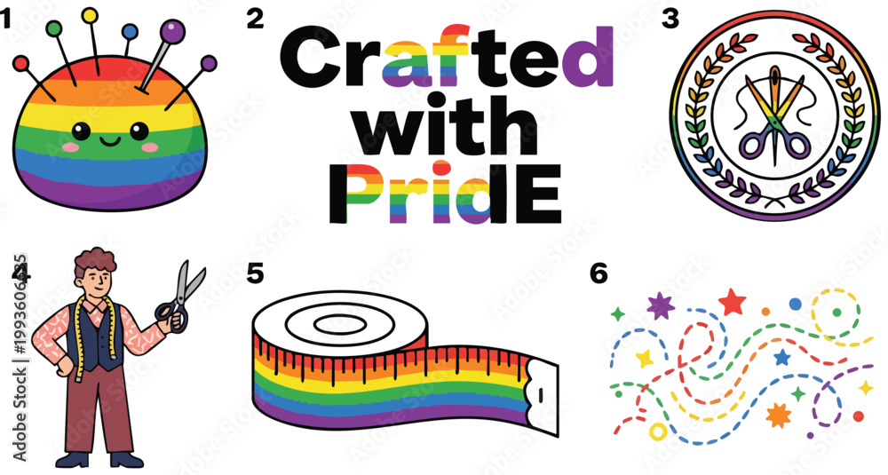 Fototapeta premium Colorful crafted with pride rainbow text and sewing icons vector art