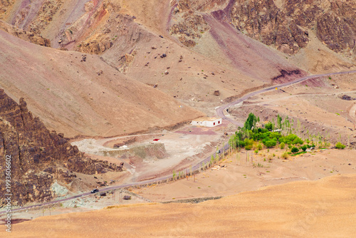Zigzag road - famously known as jilabi road at old route of Leh to Srinagar Highway, Ladakh, Jammu and Kashmir, India. scenic and popular route through the stunning landscapes of Himalayan mountains.