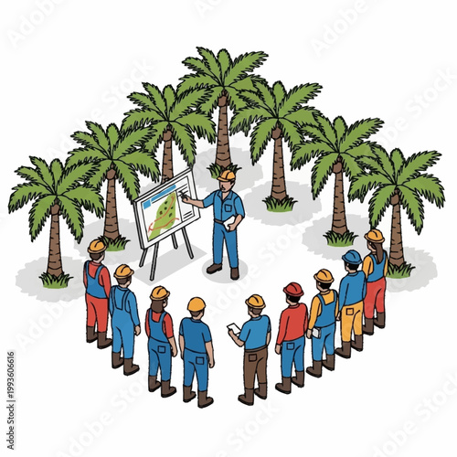 Workers gathered around a briefing outdoors.